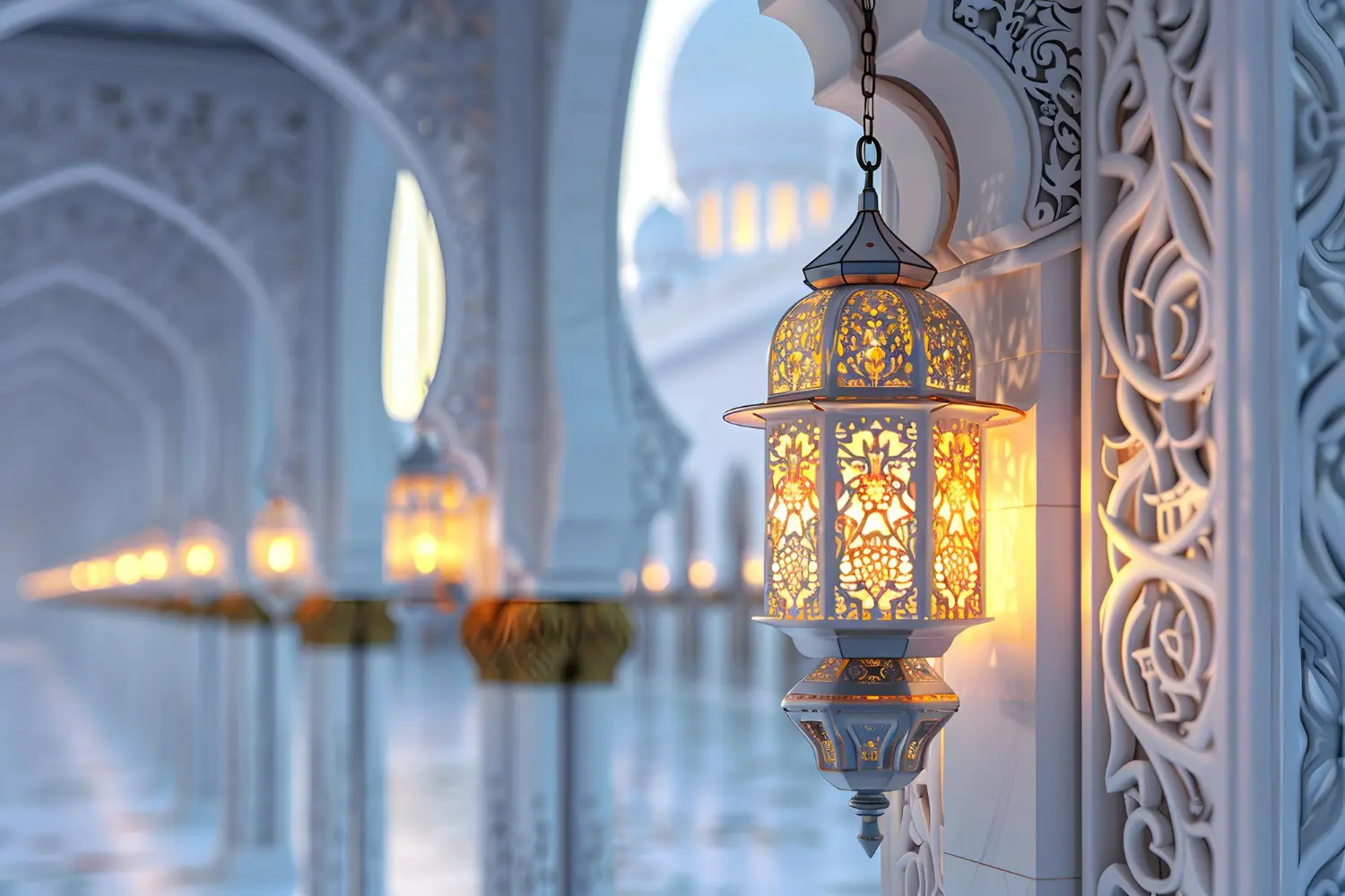 Glowing Islamic lanterns hanging under carved white marble arches