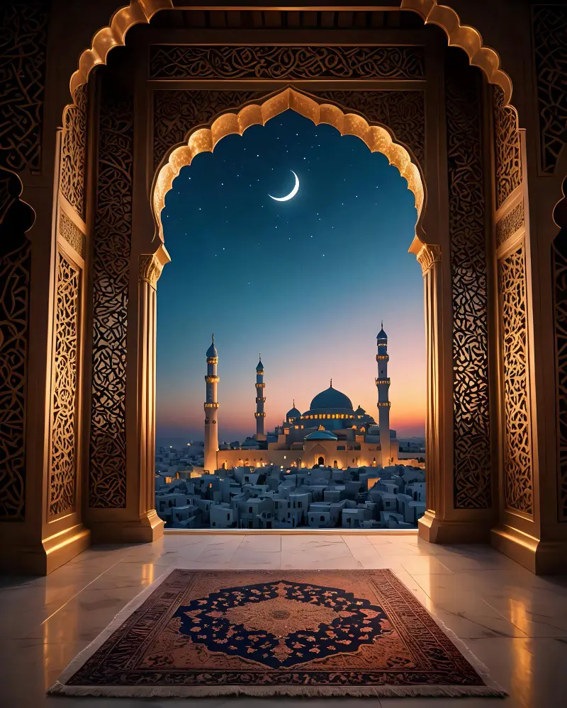 Illuminated mosque seen through an ornate Islamic arch with crescent moon